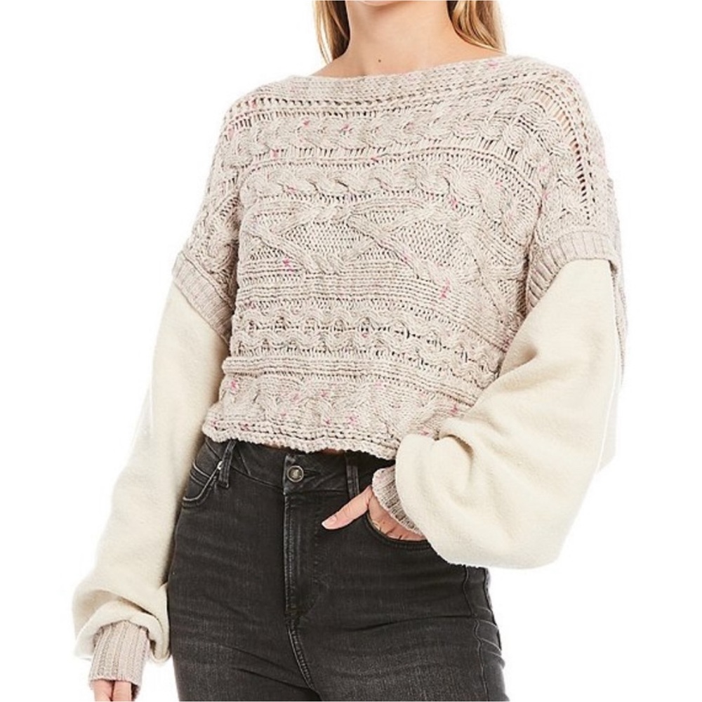 Free People Honey Cable Knit Mixed Media Pullover Sweater Size Medium - Picture 3 of 10